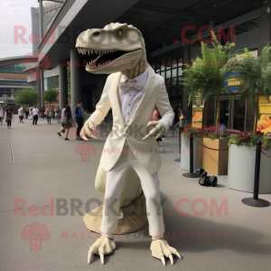 Cream Allosaurus mascot costume character dressed with a Wedding Dress and Shoe laces