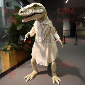 Cream Allosaurus mascot costume character dressed with a Wedding Dress and Shoe laces