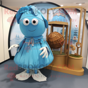 Sky Blue Hermit Crab mascot costume character dressed with a Midi Dress and Coin purses
