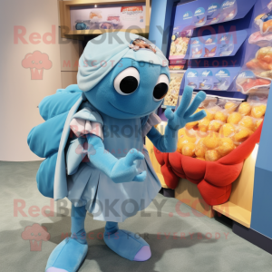 Sky Blue Hermit Crab mascot costume character dressed with a Midi Dress and Coin purses