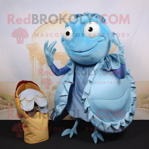 Sky Blue Hermit Crab mascot costume character dressed with a Midi Dress and Coin purses