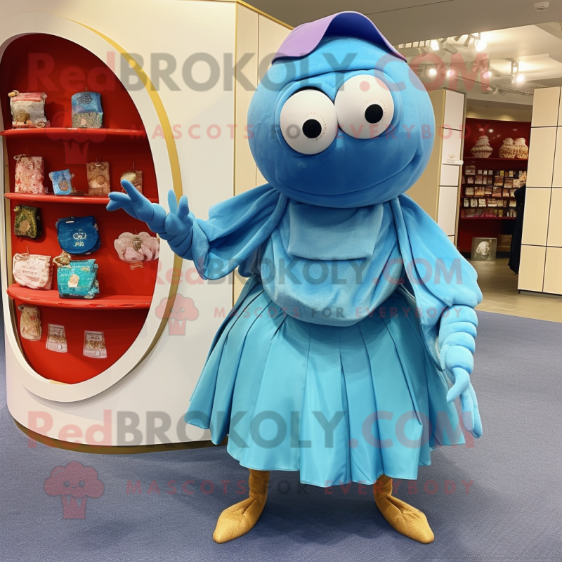 Sky Blue Hermit Crab mascot costume character dressed with a Midi Dress and Coin purses