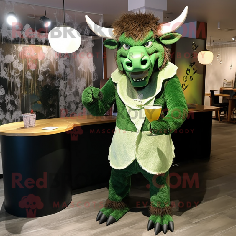 Forest Green Minotaur mascot costume character dressed with a Cocktail Dress and Tie pins