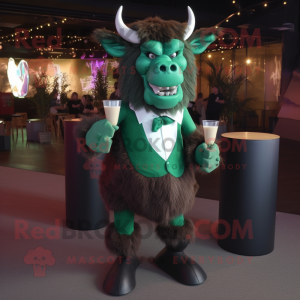 Forest Green Minotaur mascot costume character dressed with a Cocktail Dress and Tie pins