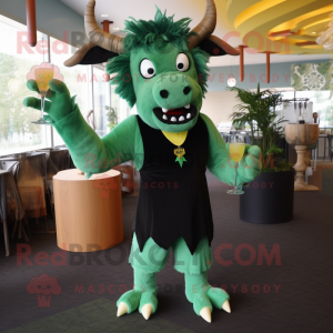 Forest Green Minotaur mascot costume character dressed with a Cocktail Dress and Tie pins