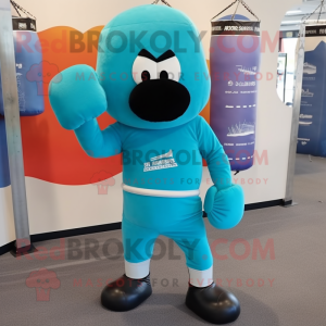 Turquoise Boxing Glove mascot costume character dressed with a Baseball Tee and Beanies