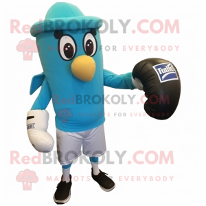 Turquoise Boxing Glove mascot costume character dressed with a Baseball Tee and Beanies