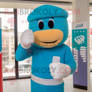 Turquoise Boxing Glove mascot costume character dressed with a Baseball Tee and Beanies