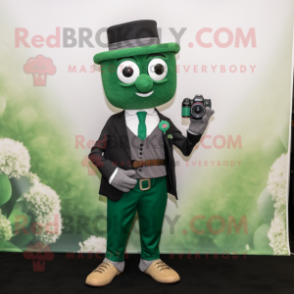 Forest Green Camera mascot costume character dressed with a Suit and Pocket squares