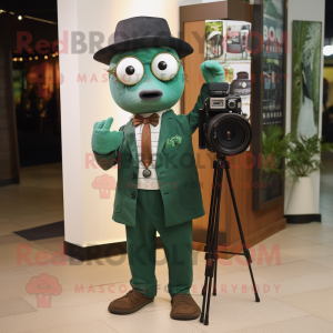 Forest Green Camera mascot costume character dressed with a Suit and Pocket squares