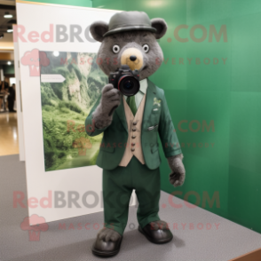 Forest Green Camera mascot costume character dressed with a Suit and Pocket squares