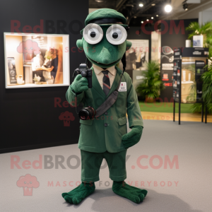 Forest Green Camera mascot costume character dressed with a Suit and Pocket squares