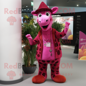 Magenta Giraffe mascot costume character dressed with a Culottes and Beanies