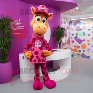 Magenta Giraffe mascot costume character dressed with a Culottes and Beanies