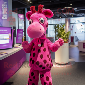 Magenta Giraffe mascot costume character dressed with a Culottes and Beanies