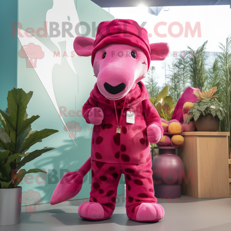 Magenta Giraffe mascot costume character dressed with a Culottes and Beanies