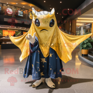 Gold Manta Ray mascot costume character dressed with a Jeans and Shawl pins
