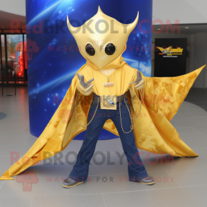 Gold Manta Ray mascot costume character dressed with a Jeans and Shawl pins