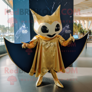 Gold Manta Ray mascot costume character dressed with a Jeans and Shawl pins