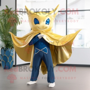 Gold Manta Ray mascot costume character dressed with a Jeans and Shawl pins