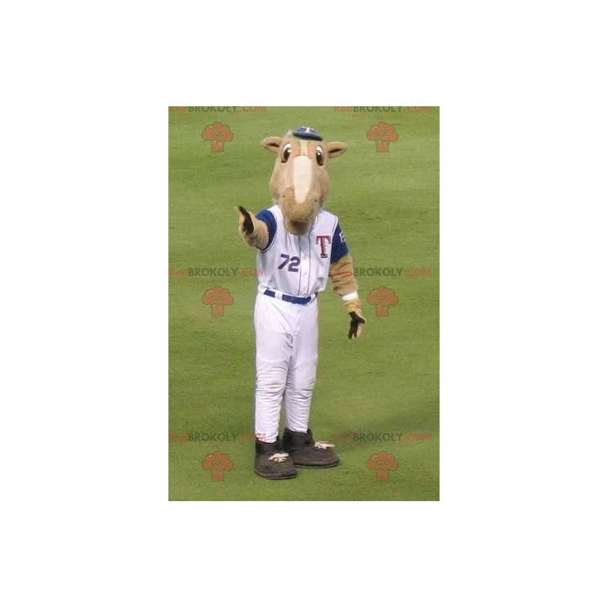 Brown camel mascot in baseball outfit - Redbrokoly.com