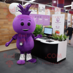 Purple Beet mascot costume character dressed with a T-Shirt and Earrings