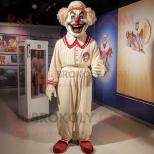 Cream Evil Clown mascot costume character dressed with a Polo Tee and Tie pins