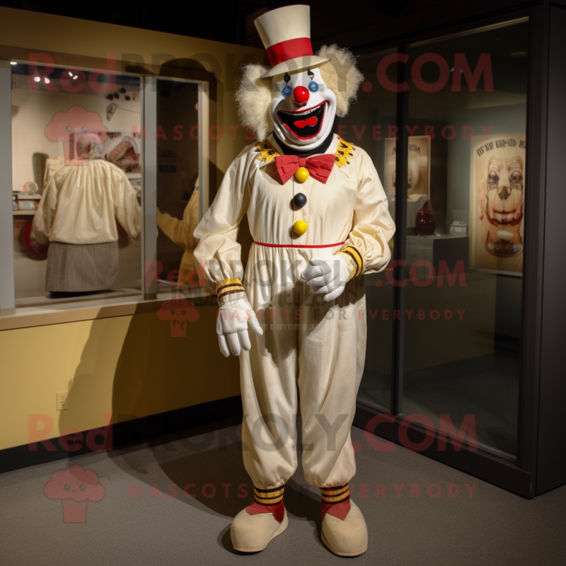 Cream Evil Clown mascot costume character dressed with a Polo Tee and Tie pins