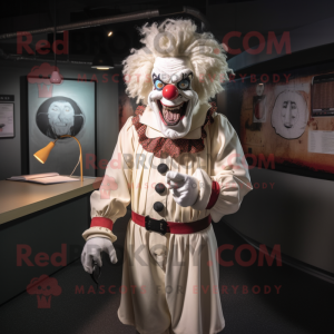 Cream Evil Clown mascot costume character dressed with a Polo Tee and Tie pins