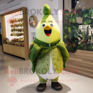 Olive Pear mascot costume character dressed with a Jacket and Scarves