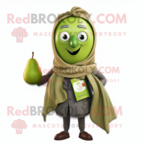 Olive Pear mascot costume character dressed with a Jacket and Scarves