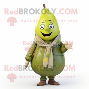 Olive Pear mascot costume character dressed with a Jacket and Scarves