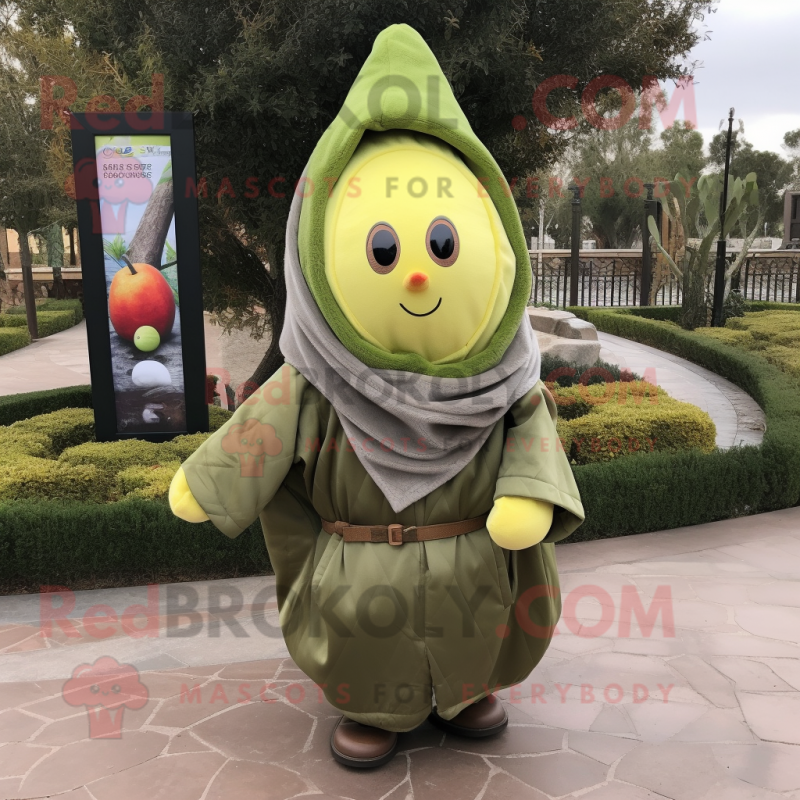 Olive Pear mascot costume character dressed with a Jacket and Scarves