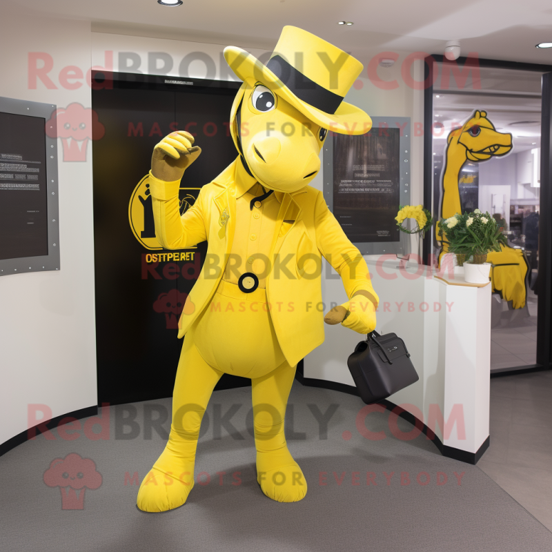 Yellow Horseshoe mascot costume character dressed with a Suit and Clutch bags Yellow Horseshoe mascot costume character dressed with a Suit and Clutch bags