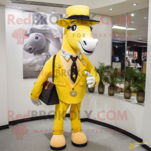 Yellow Horseshoe mascot costume character dressed with a Suit and Clutch bags