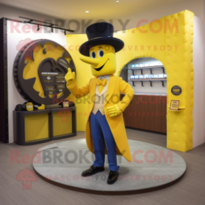 Yellow Horseshoe mascot costume character dressed with a Suit and Clutch bags