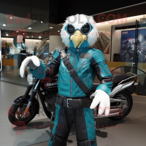 Turquoise Eagle mascot costume character dressed with a Biker Jacket and Messenger bags