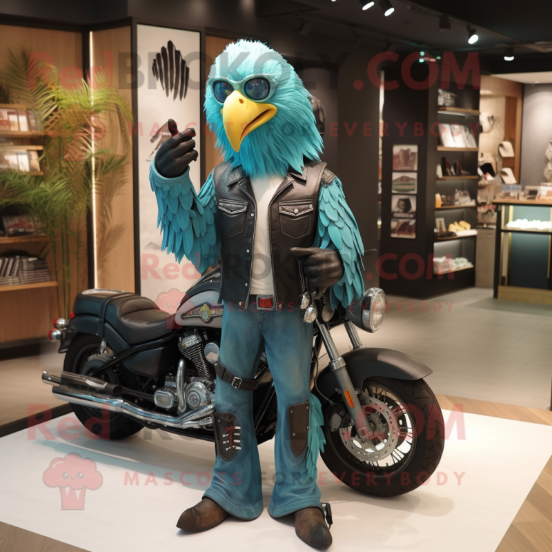 Turquoise Eagle mascot costume character dressed with a Biker Jacket and Messenger bags