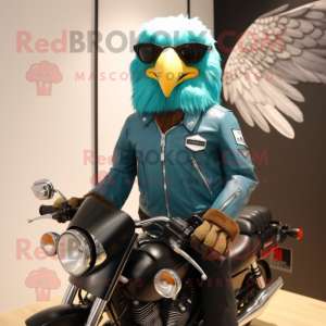 Turquoise Eagle mascot costume character dressed with a Biker Jacket and Messenger bags