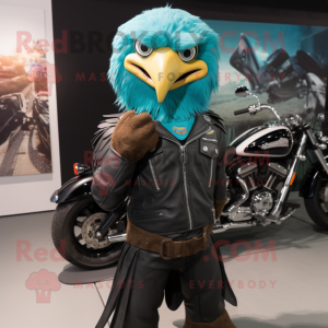 Turquoise Eagle mascot costume character dressed with a Biker Jacket and Messenger bags