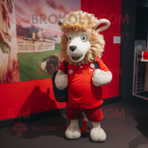 Red Angora Goat mascot costume character dressed with a Rugby Shirt and Messenger bags