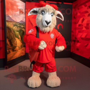 Red Angora Goat mascot costume character dressed with a Rugby Shirt and Messenger bags