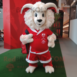 Red Angora Goat mascot costume character dressed with a Rugby Shirt and Messenger bags