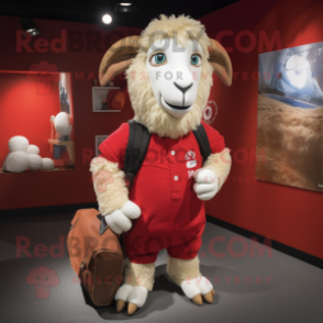 Red Angora Goat mascot costume character dressed with a Rugby Shirt and Messenger bags