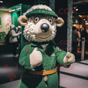 Forest Green Sheep mascot costume character dressed with a Coat and Mittens