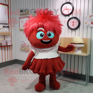 Red Cupcake mascot costume character dressed with a Tank Top and Hair clips