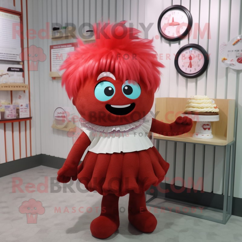 Red Cupcake mascot costume character dressed with a Tank Top and Hair clips