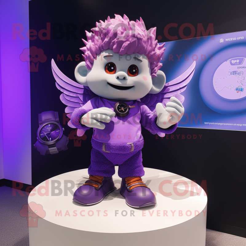 Purple Cupid mascot costume character dressed with a Sweatshirt and Bracelet watches