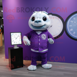 Purple Seal mascot costume character dressed with a Oxford Shirt and Smartwatches