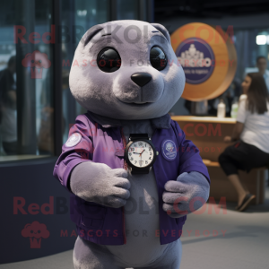 Purple Seal mascot costume character dressed with a Oxford Shirt and Smartwatches